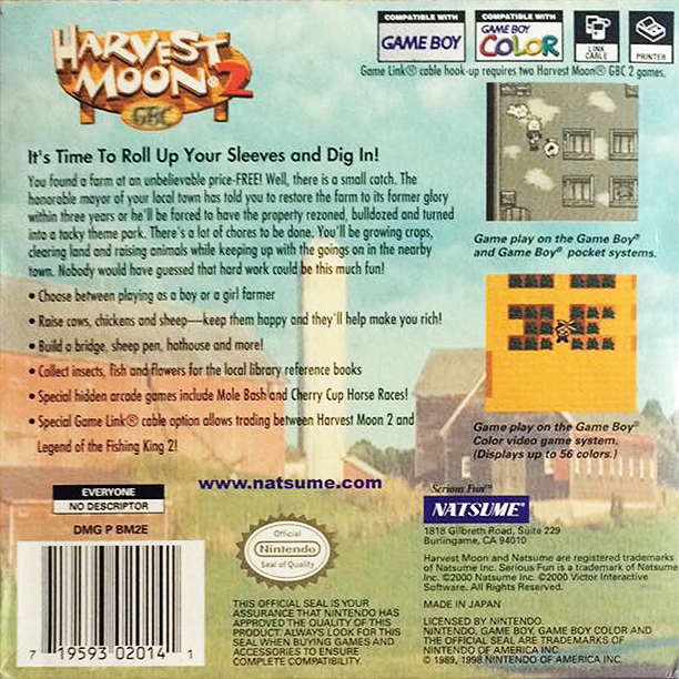 Harvest Moon: 2 GBC Box Back